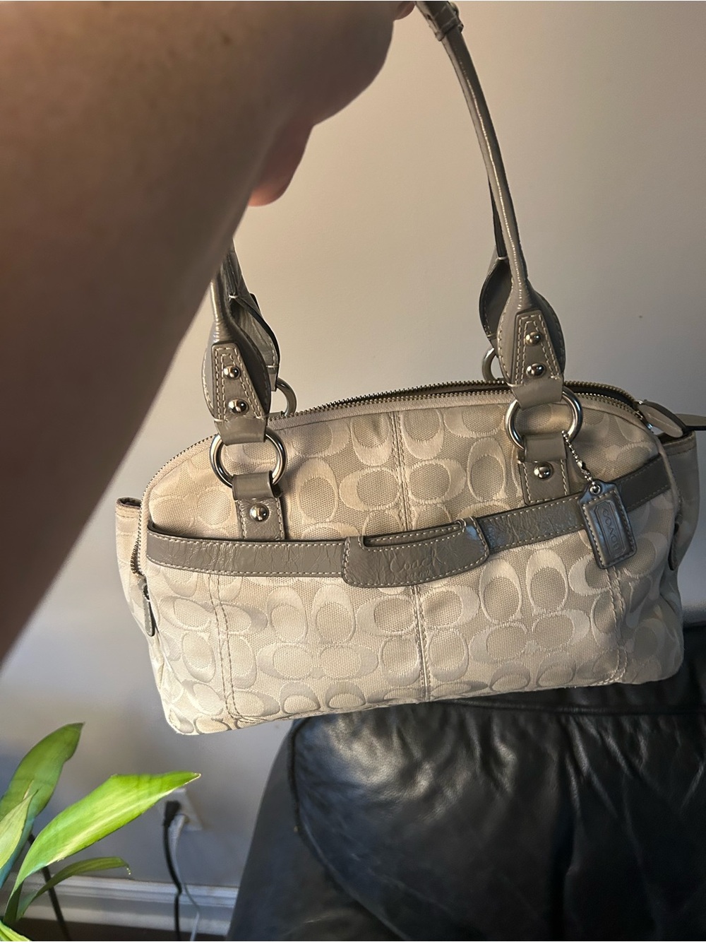 Coach Signature Canvas Shoulder Bag with Grey Trim